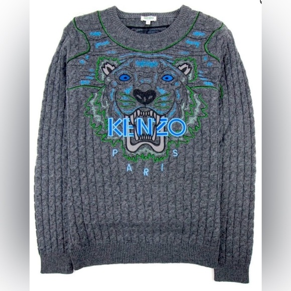 Kenzo Sweaters - Kenzo Paris Embroidered Logo Tiger Gray Wool Cable Knit Sweater